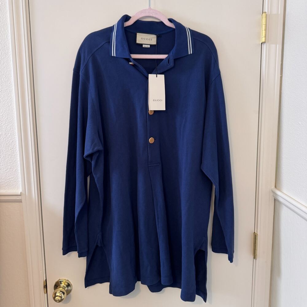 Gucci Oversized Cotton Pique Polo Shirt Blue Long Sleeve M NWT Italy